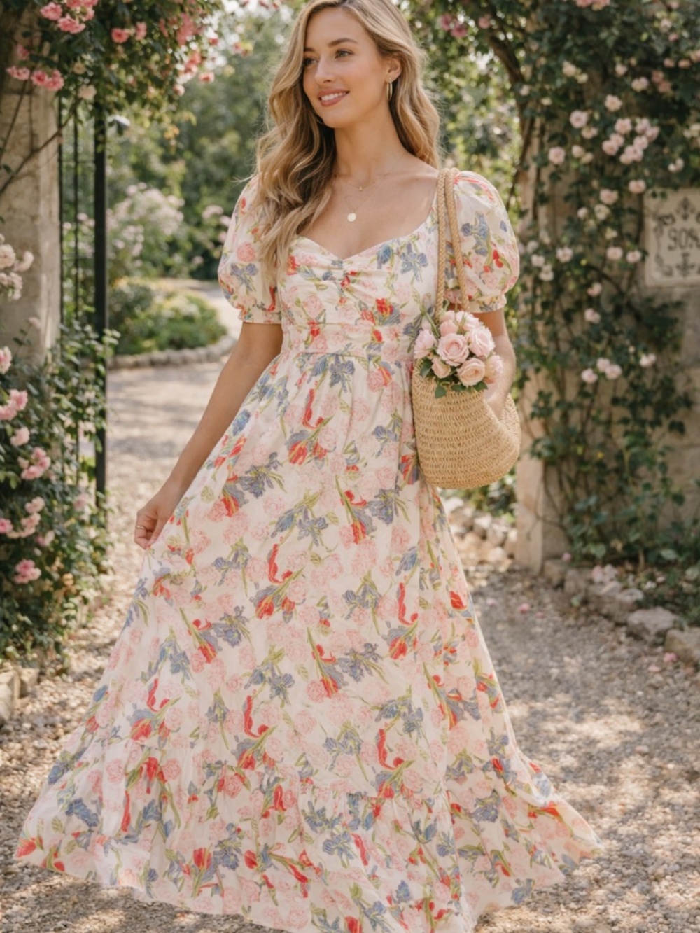 NWT English Factory Floral Maxi Dress Sweetheart Puff Sleeve Size S - Picture 2 of 10